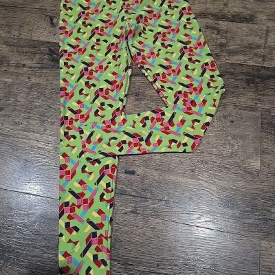 LULAROE TC Leggings Tall and Curvy, Bright Green Multi Geometric, Fits Sz 12-20